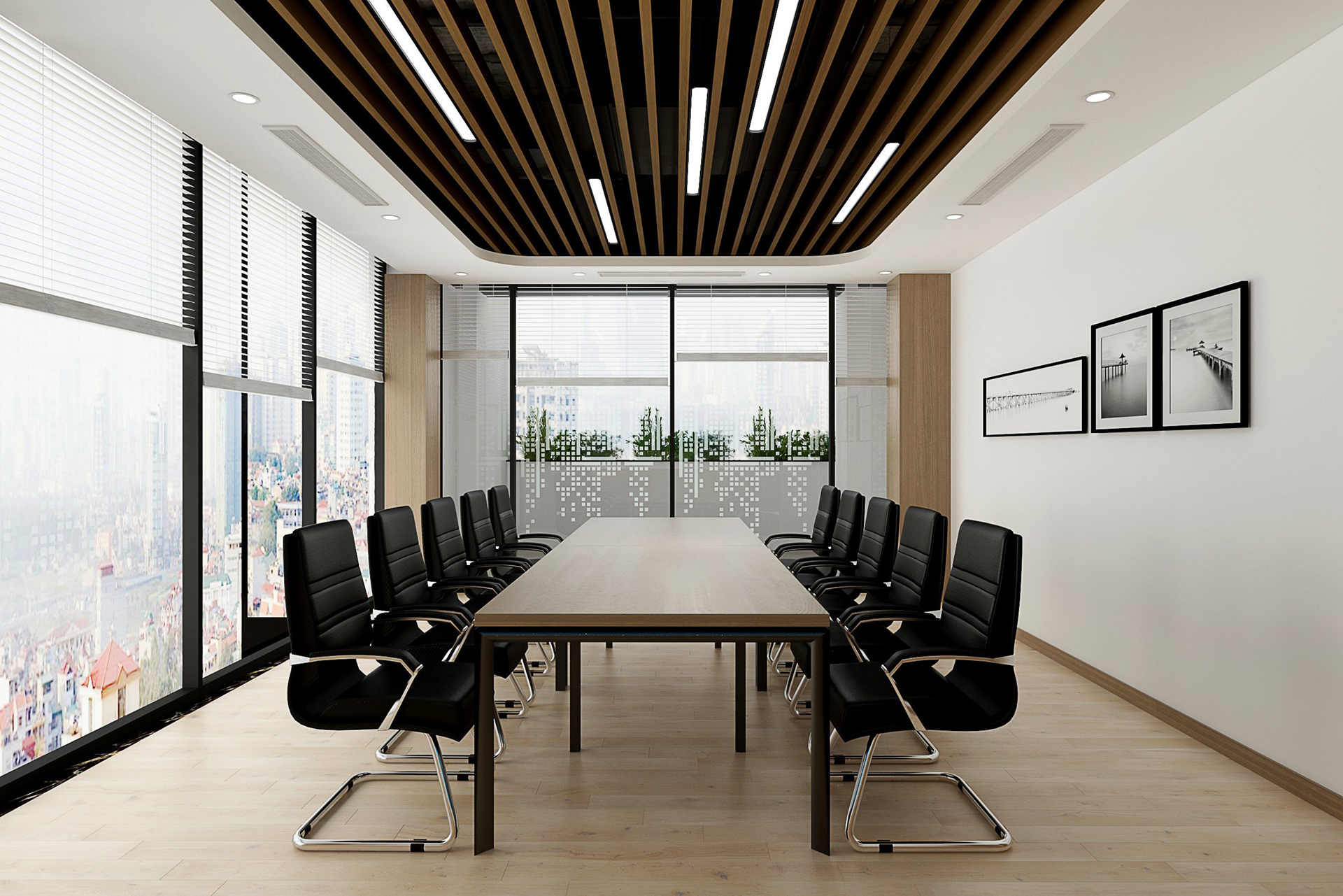 Phòng họp chính tone với chủ đạo trắng - nâu tối giản và hiện đại - Thiết kế bởi ICADVietnam