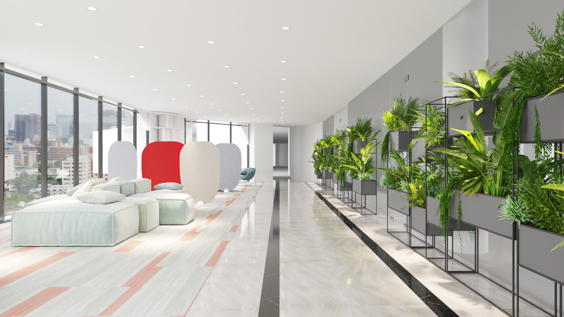 Sử dụng tường màu trung tính kết hợp với cây xanh trong văn phòng Vietel - Thiết kế bởi ICADVietnam.