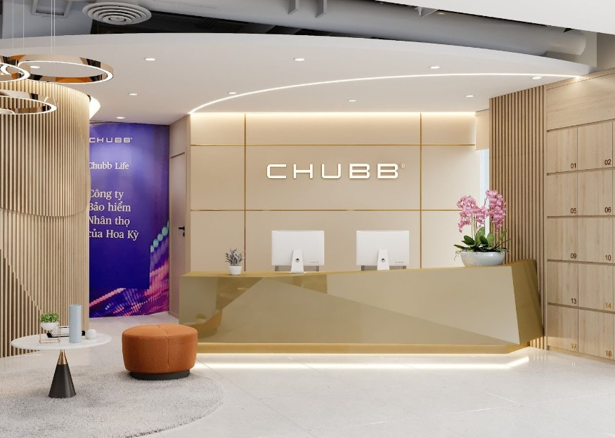 Khu vực quầy lễ tân của doanh nghiệp Chubb Life do đơn vị ICADVietnam thiết kế